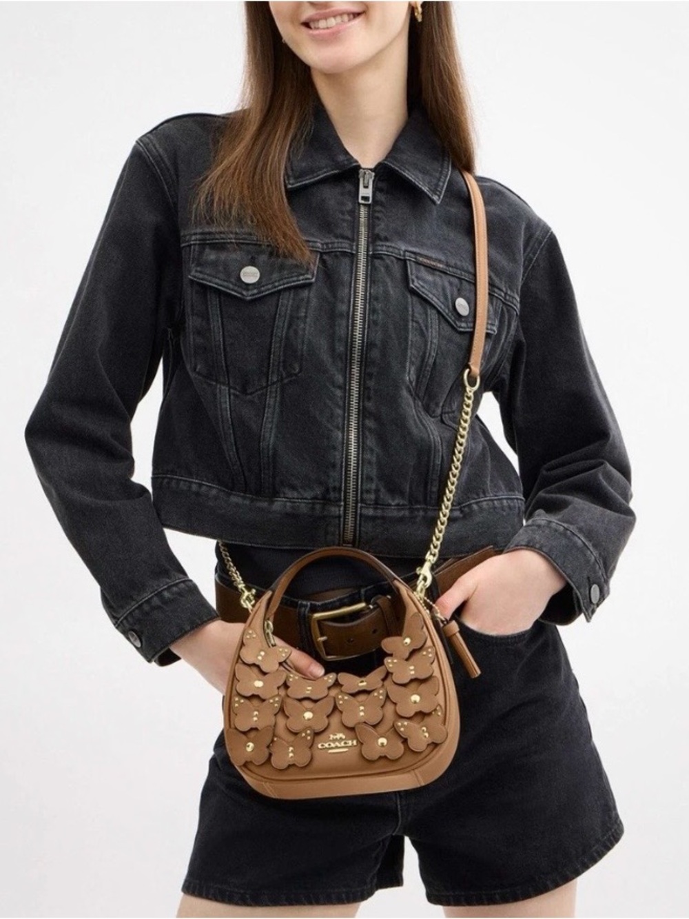 Coach Carmen Mini Crossbody Bag Butterfly Appliqué Leather Brown Gold - Picture 14 of 16